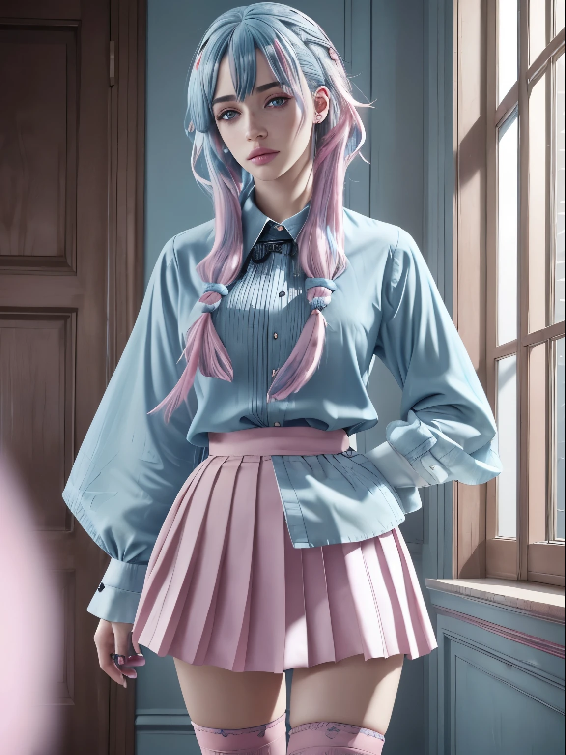 (8k, RAW photo, best quality, masterpiece: 1.2) detailed face, (light: 1.2), a detailed painting, clearly crafted detail, intricate, cinematic, dim natural lighting, (high skin detailed: 0.9), shallow depth of field, raytracing, detailed face, good face, high resolution, ((female) freckles, highly detailed eyelashes, blue eyes, smug, (((cracked dye hair)) ((light blue hair, pink hair))), straight hair, blunt bangs, absurdly long hair, dress shirt, pleated skirt, thigh highs, detailed hands