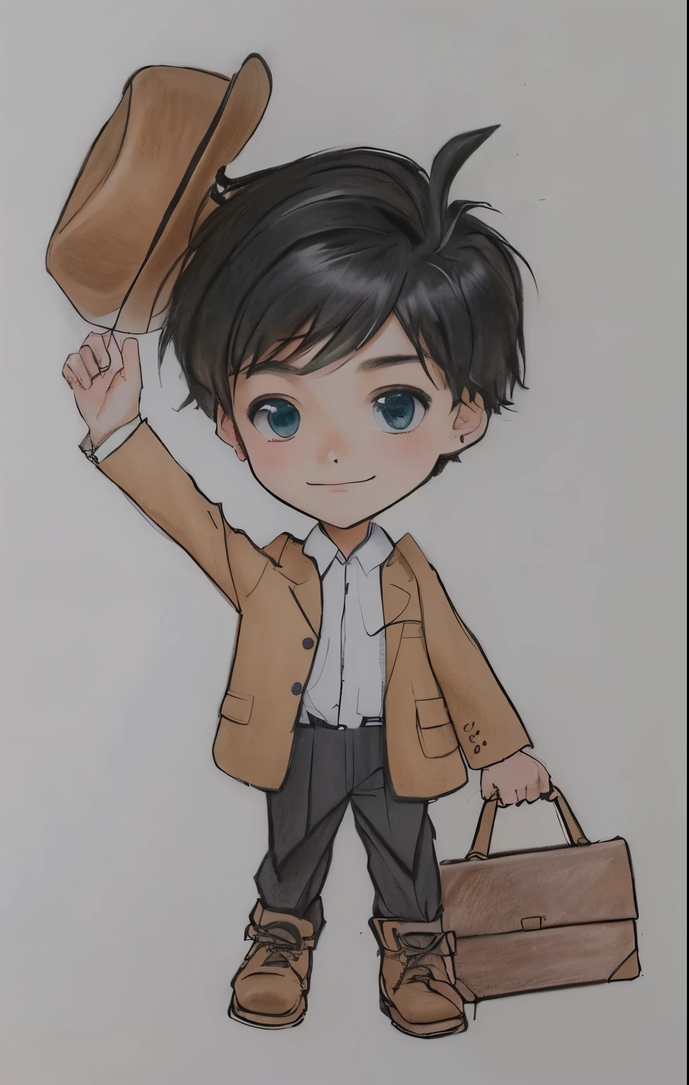 drawing of a boy with hat and briefcase, inspirado em William Mustart Lockhart, fanart oficial, caricatura, inspirado em Inoue Naohisa, estilo chibi, inspirado em Jean Tabaud, inspirado em Lydia Field Emmet, inspirado em Tsuruko Yamazaki, fanart de alta qualidade, Cel sombreado!!!, retrato de corpo inteiro de um curta!