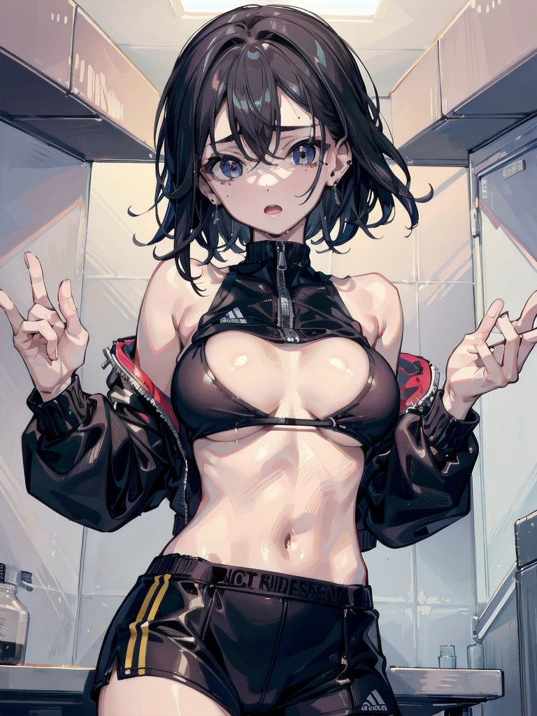 tracksuit, midriff, absurdres, RAW photo, extremely delicate and beautiful, masterpiece, Best Quality, ultra high resolution, 32k, hyperrealistic, ultra-detailed, perfect figure, tearful mole, earring, whole body shot, big breast, short medium hair, wavy hair,