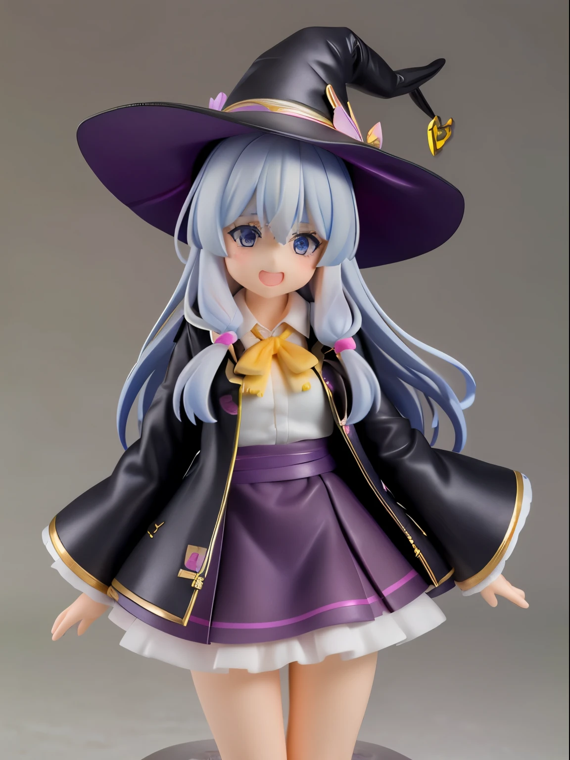 (masterpiece:1.6, best quality), (finely detailed beautiful eyes: 1.2),  phelaina, Eouftit3,  Eof3, 1girl, elaina (majo no tabitabi), solo, witch hat, long hair, black headwear, blue eyes, collared shirt, hair between eyes, white shirt, ribbon, yellow ribbon, bangs, upper teeth only, teeth, neck ribbon, bow, witch, open clothes, blush, anime coloring, hood, yellow bow, jewelry, floating hair, yellow bowtie, shiny hair, bowtie, black robe, wing collar, open robe, purple eyes, dress shirt, standing, looking at viewer, nendoroid 