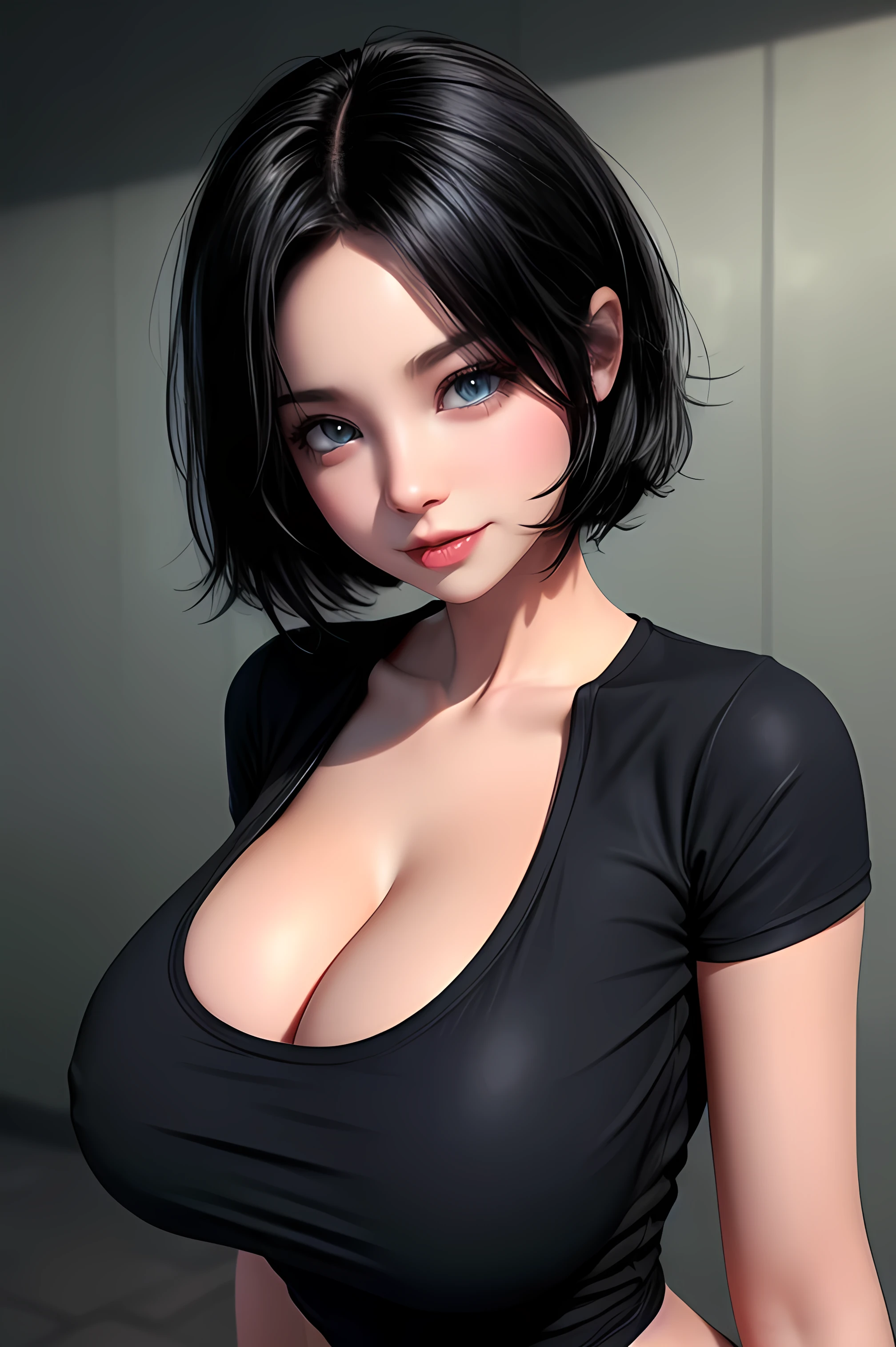 1girl,((35 year old mature woman)),(((black top with shorts))),((((1 girl))),(blue eyes)),(Very Intense Makeup)), smiling, ((red lipstick)),((woman in makeup)), short hair, black hair,((big breasts,)),((cleavage,))),extremely realistic female eye,(((solamente))),cuerpo perfecto,manos perfectas,cara perfecta,