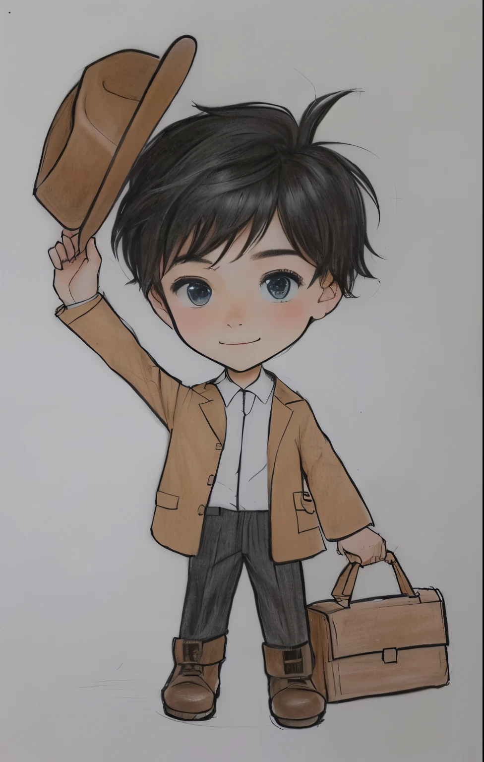 drawing of a boy with hat and briefcase, inspirado em William Mustart Lockhart, fanart oficial, caricatura, inspirado em Inoue Naohisa, estilo chibi, inspirado em Jean Tabaud, inspirado em Lydia Field Emmet, inspirado em Tsuruko Yamazaki, fanart de alta qualidade, Cel sombreado!!!, retrato de corpo inteiro de um curta!