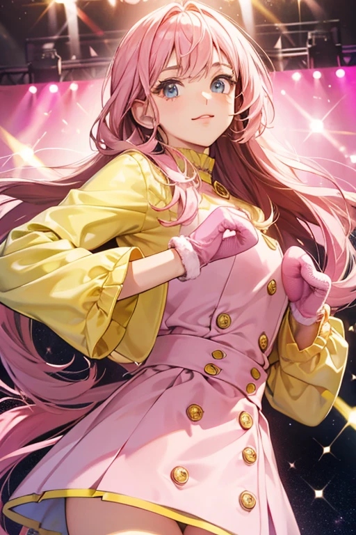 she wore a long-sleeved yellow shirt with pink mittens. SPARKLE; GLITTER