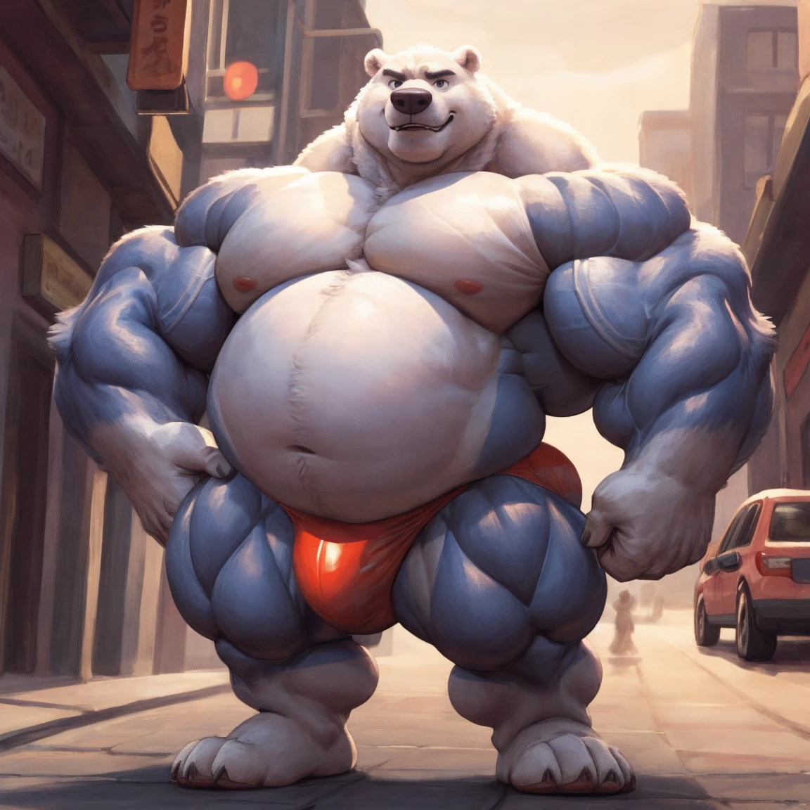 Obese muscle zootopia, character presentation, character dessing, Anatomy of character, badass, Disney Obese Polar bear in underwear, He is a Hyper Obese and Beast muscular wrestler, His muscles and belly are so big that he is a mass of muscles, His muscles are so swollen that his head looks small, he is a juice seller on the streets and sell a protein shakes to make their bodies grow and become very big, very strong and very fat just like him,