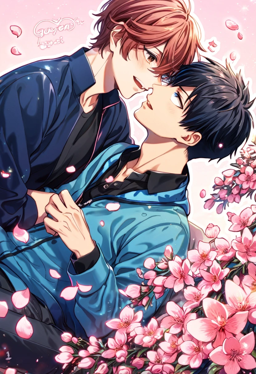 absurdres, highres, ultra detailed, HDR, master piece, best quality, Uenoyama Ritsuka, black hair, expressive blue eyes, Given, Sato Mafuyu, pink-brown hair, expressive brown eyes, two men together, couple, yaoi, handsome, blue jacket, black shirt, sitting, pink butterflies, petals, pink flowers, magical, fantasy, glittering, pink background