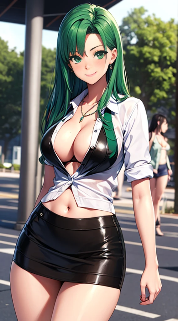 Yamashina Mizuho Mizuho Yamashina, masterpiece, best quality, attractive sexy mature woman posing in a very short revealing outfit probably trying to get attention at the sunny park, 1girl, solo, breasts, cleavage, dress shirt, midriff, skirt, smile, looking at viewer, standing, jewelry, necklace,Mizuho Yamashina, sexy female teacher, long hair, asymmetrical bangs, green hair, medium breast, nice ass, green eyes, slender face, beautiful tits, beautiful ass, slender body, long legs,