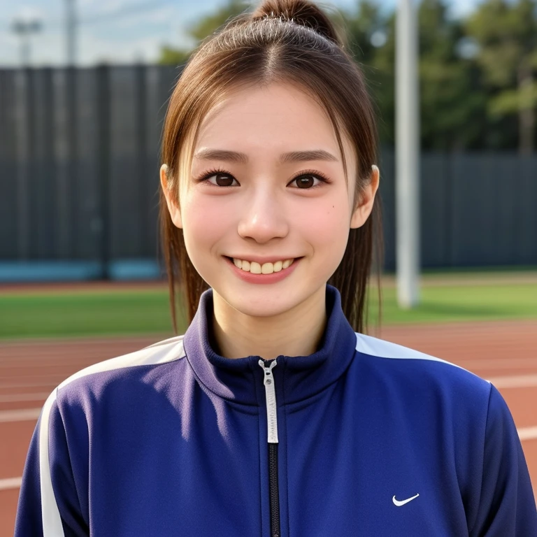 (kawaii 24 year-old Japanese girl, Nogizaka idol, Korean idol, track and field player), healthy female athlete body, glossy brown hair, (high ponytail, bangs:1.2), beautiful black eyes, rounded face, single eyelid, (no makeup:1.2), (big laughing), (long sleeved track jacket:1.3), extra small breasts, BREAK, (track and field stadium  background:1.2), (dynamic angle, bust shot:1.2), BREAK, (masterpiece, best quality, photo realistic, official art:1.4), (UHD, 8K quality wallpaper, high resolution, raw photo, golden ratio:1.3), (shiny skin), professional lighting, physically based rendering, award winning, (highly detailed skin texture, extremely detailed face and eyes textures), Carl Zeiss 85 mm F/1.4, depth of field, (1girl, solo),