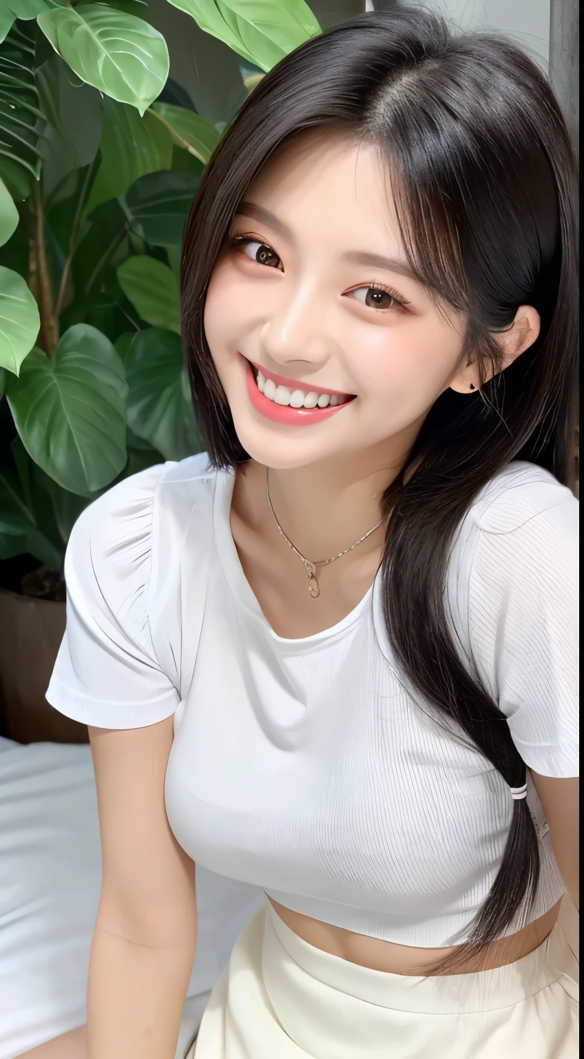 White tight shirt、White tight mini skirt、bed、smile、Short sleeve、high resolution、Korean idol face、double eyelid、White teeth、Medium Hair、Black Hair