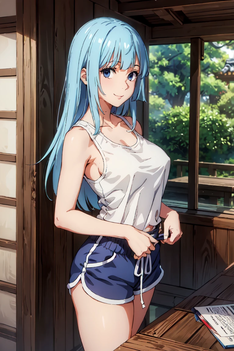 (extremely detailed CG unity 8k wallpaper),(masterpiece),(best quality),(ultra-detailed),(best illustration),(best shadow),(absurdres), Kasumi, 1girl, solo, blue hair, long hair, blue eyes, smile, holding, bangs, blunt bangs, indoors, upper body, straight hair, tanktop, sleeveless, collarbone, bare shoulder, Standing in bedroom , large breasts, hands in lap, thick thighs, facing camera, looking at viewer, (wide hips), beautiful japanese garden background, dolfine shorts, dshorts, lips seperated, cleavege, athletic shorts, Extremely tight shorts,booth shorts