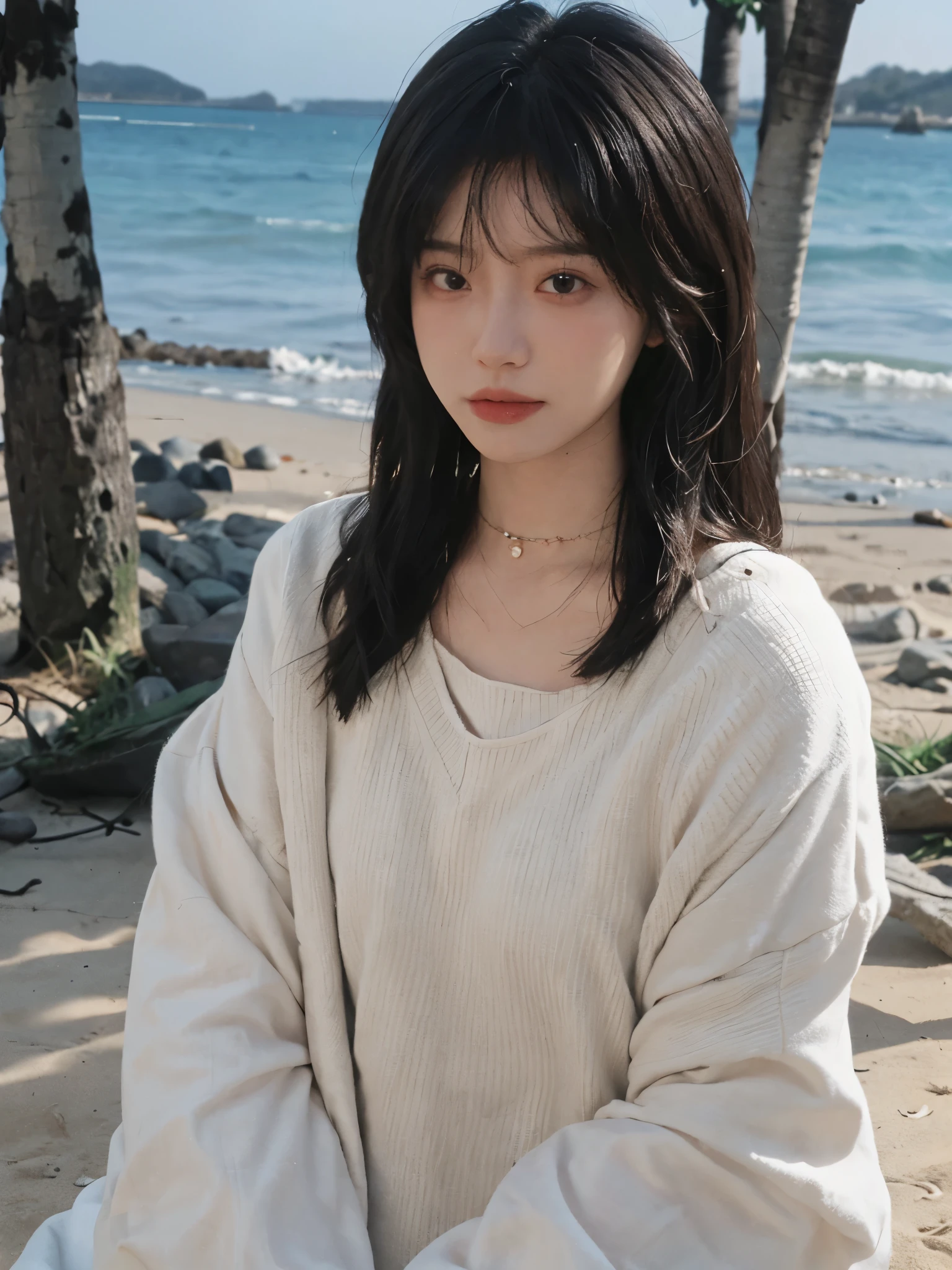 best qualtiy， Ultra-high resolution， （realisticlying：1.4），cute hairpin，1girll，with long coiled hair,Quartered sweater ，Blushlush，Beautiful woman with a slim figure:1.4, Pronounced abs，On the sandy beach,Ultra-fine face，Elaborate Eyes，double eyelid，choker necklace