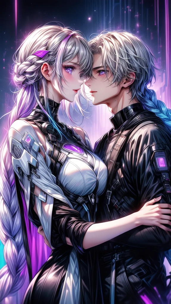 Disorganized、Man and woman couple、highest quality、Masterpiece、Official Art、16K、The best composition、The best light source、The girl has milky white hair with purple inner color, twin long braids, and black clothes in a cyberpunk style.、The man has milky white short hair and a cyberpunk look in white and light blue.、They are gazing at each other lovingly.、A kind smile、Reunion after a long time、Departure、hug、kiss、