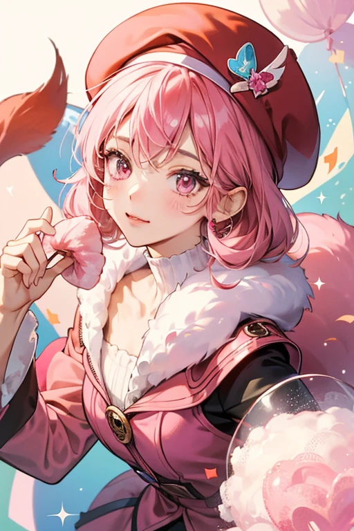She is a shy flying girl squirrel with pink fur and wears a small red beret. Her favorite food is cotton candy. SPARKLE; GLITTER