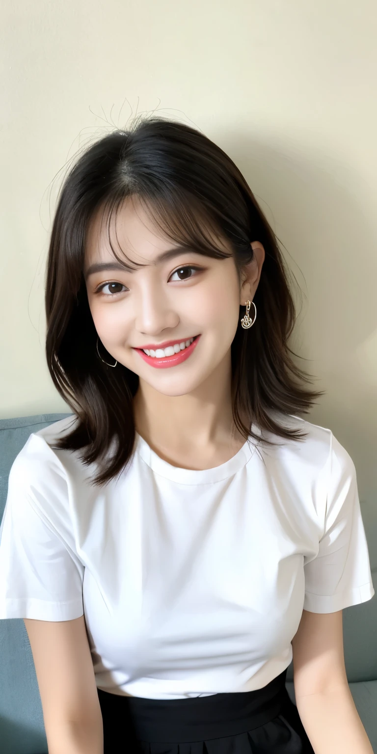 White tight shirt、White tight mini skirt、bed、smile、Short sleeve、high resolution、Korean idol face、double eyelid、White teeth、Medium Hair、Black Hair