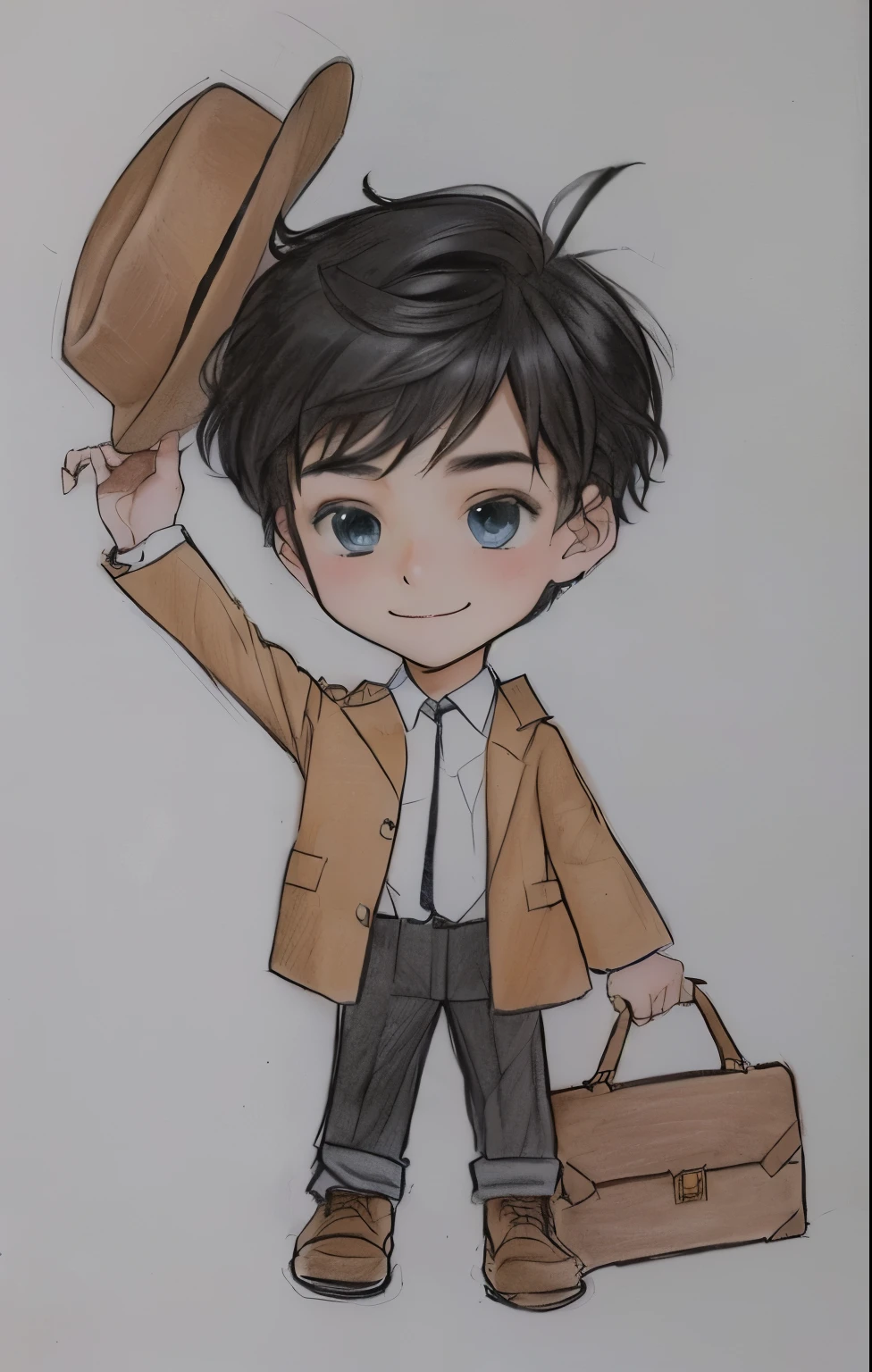 drawing of a boy with hat and briefcase, inspirado em William Mustart Lockhart, fanart oficial, caricatura, inspirado em Inoue Naohisa, estilo chibi, inspirado em Jean Tabaud, inspirado em Lydia Field Emmet, inspirado em Tsuruko Yamazaki, fanart de alta qualidade, Cel sombreado!!!, retrato de corpo inteiro de um curta!