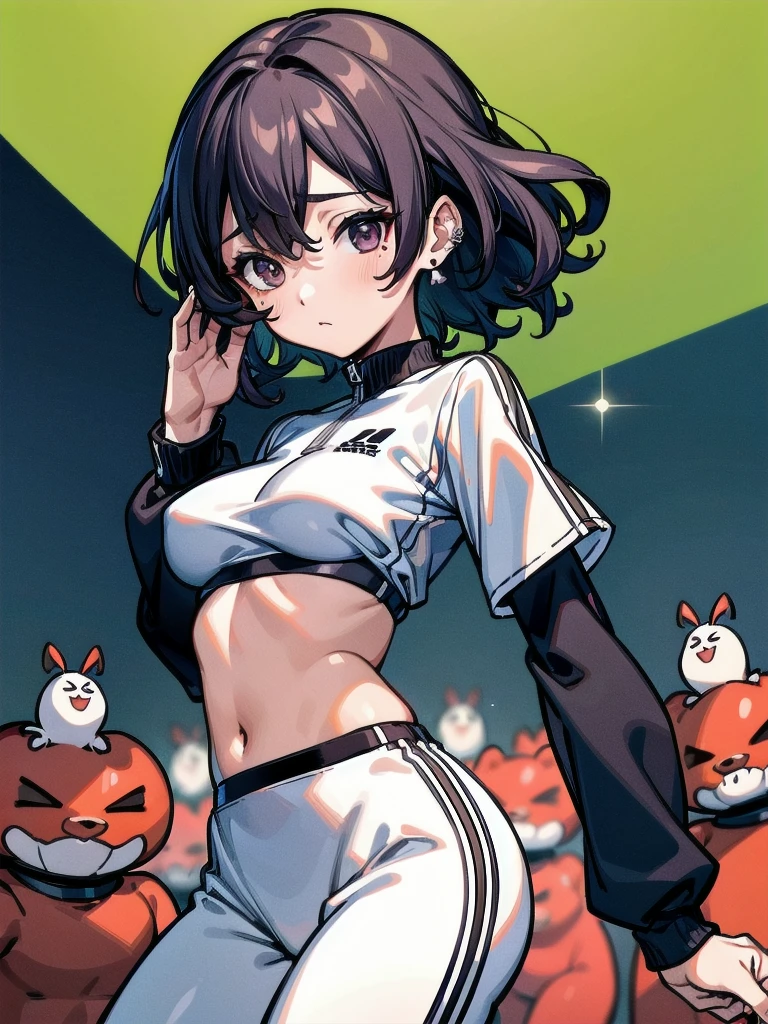 tracksuit, midriff, absurdres, RAW photo, extremely delicate and beautiful, masterpiece, Best Quality, ultra high resolution, 32k, hyperrealistic, ultra-detailed, perfect figure, tearful mole, earring, whole body shot, big breast, short medium hair, wavy hair,