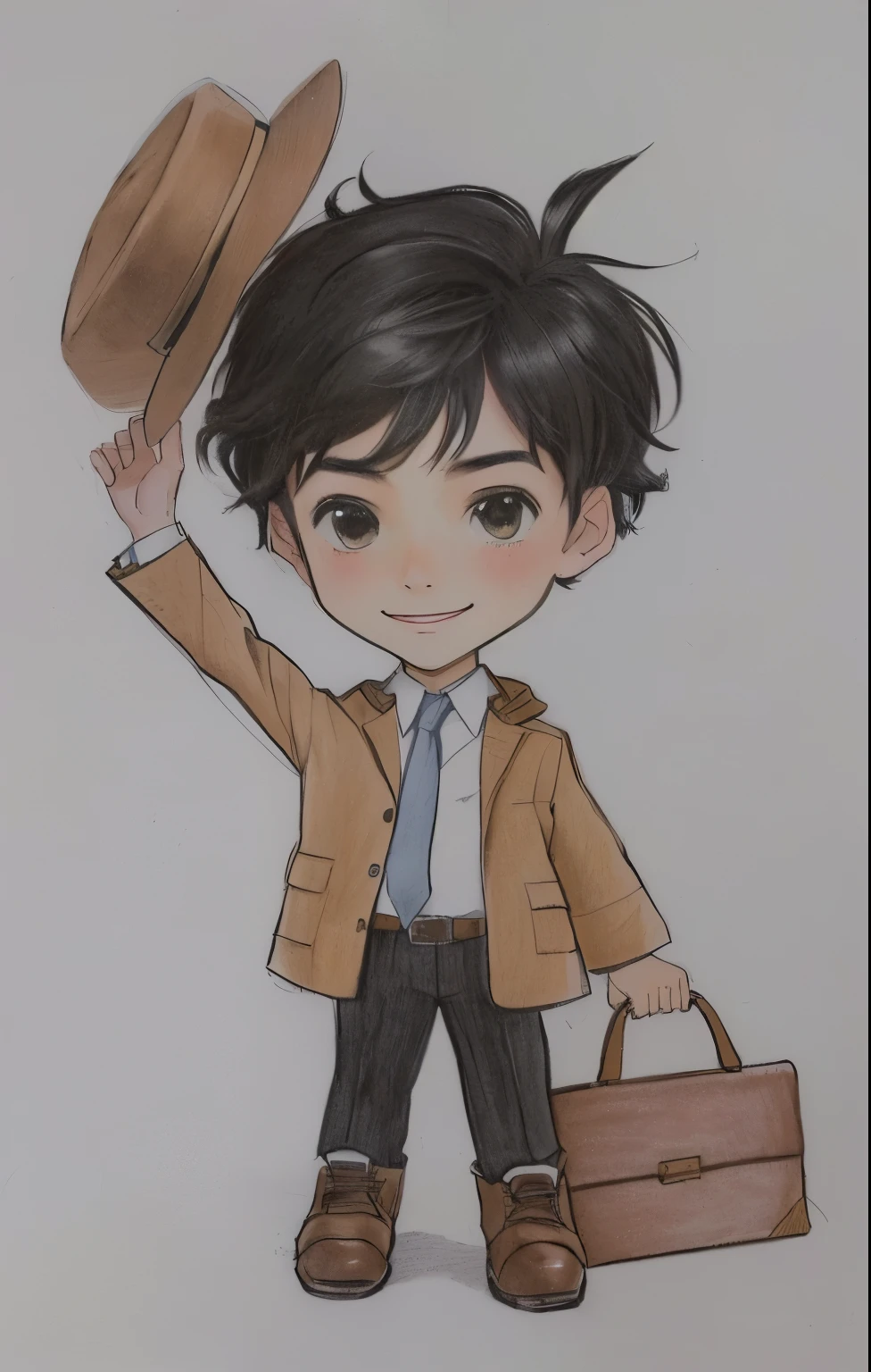 drawing of a boy with hat and briefcase, inspirado em William Mustart Lockhart, fanart oficial, caricatura, inspirado em Inoue Naohisa, estilo chibi, inspirado em Jean Tabaud, inspirado em Lydia Field Emmet, inspirado em Tsuruko Yamazaki, fanart de alta qualidade, Cel sombreado!!!, retrato de corpo inteiro de um curta!