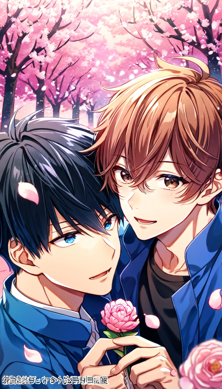 absurdres, highres, ultra detailed, HDR, master piece, best quality, Uenoyama Ritsuka, black hair, expressive blue eyes, Given, Sato Mafuyu, pink-brown hair, expressive brown eyes, two men together, gay couple, yaoi, handsome, blue jacket, black shirt, trees, pink butterflies, petals, pink flowers, magical, fantasy, glittering, pink background