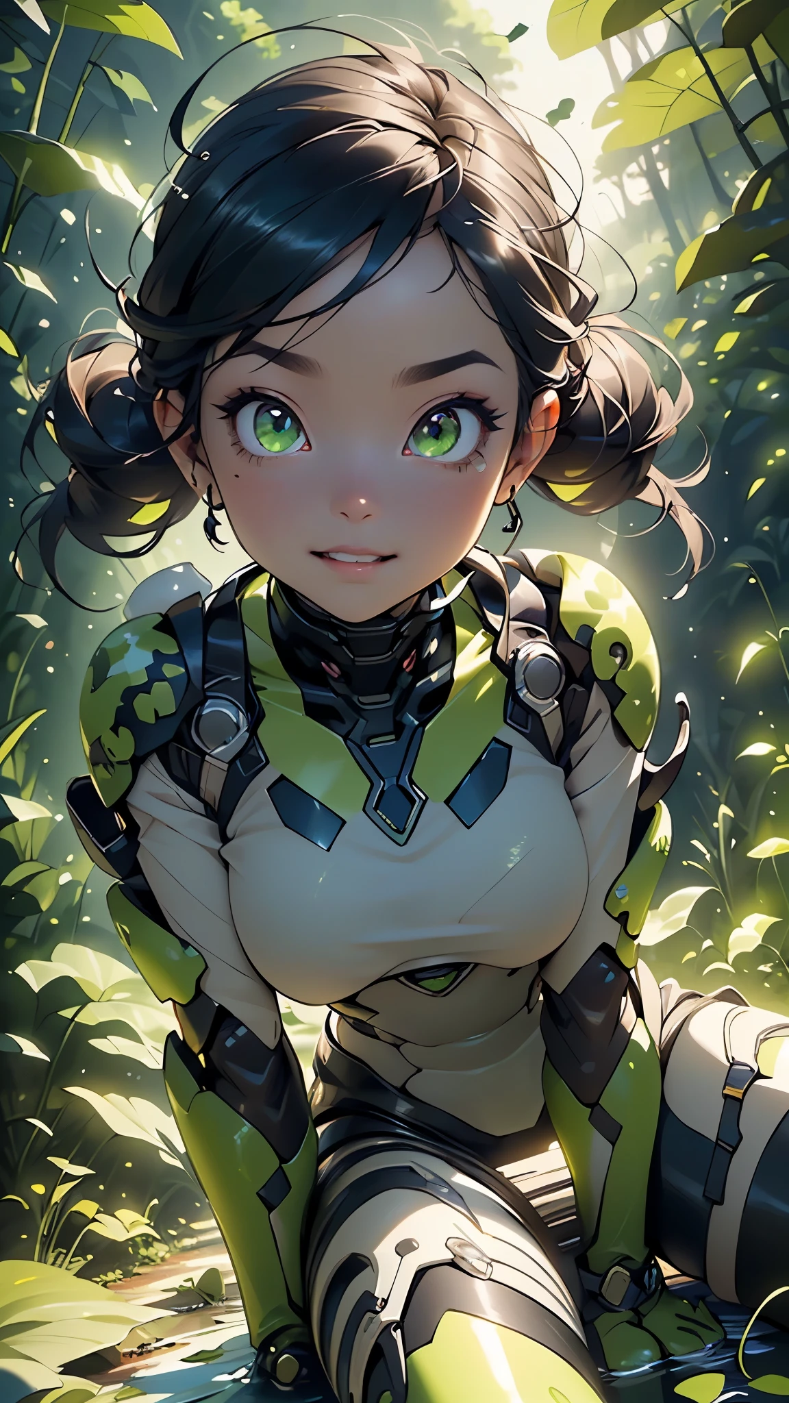 girl,1girl,

(large breasts:1.5),((((black hair, twin tail hair)))),(((Glowing_green_eyes:1.3))),intricate eyes,beautiful detailed eyes,symmetrical eyes,((((dark skin:1.5,lustrous skin:1.5,bright skin: 1.5,shiny skin,very shiny skin,shiny body)))),(spider lower abdomen,narrow waist,wide hip,athletic body,inflated legs,thick thighs),(((detailed face))),beautiful detailed lips,Highlighted feminine curves,athletic build,

cute,slutty,sensual,seductive look,seductive,((erotic)),opulent,sumptuous,(((nsfw))),

((Augmented cyborg, metallic exoskeleton, Chameleon motif, a girl fused with a chameleon)),'((fluorescent green skin)), ((Chameleon camouflage)),(blending into the landscape), ((A mirror exoskeleton)), (She's an assassin), ((her body looks transparent)),(((Transparent Body))), (((Predator Camouflage))),

(dynamic poses),looking at viewer,evil smile,centered,scale to fit dimensions,Rule of thirds,

((((many fireflies,fireflies,glowing fireflies,fireflies in the background)))),

outdoors,overgrown,(overgrown background,glowing crystals,bioluminescent plant),scenery,extremely scenery,(((glowing crystals,bioluminescent plants))),(puddles everywhere,moss,moss on the background),clouds,lily pads,palms,reeds,(sunset, golden hour),

(Glossy assassin  ornaments),highres,sharp focus,(ultra detailed,extremely detailed),(photorealistic artwork:1.37),(extremely detailed CG unity 8k wallpaper),(((vibrant colors,vibrant theme))),(intricate),(masterpiece),(best quality),artistic photography,(photography taken by sldr),(intricate background),perfect rendered face,perfect face details,realistic face,photo realistic,((intricate detail)),(((realism))),