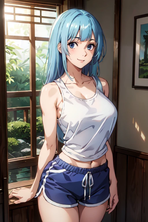 (extremely detailed CG unity 8k wallpaper),(masterpiece),(best quality),(ultra-detailed),(best illustration),(best shadow),(absurdres), Kasumi, 1girl, solo, blue hair, long hair, blue eyes, smile, holding, bangs, blunt bangs, indoors, upper body, straight hair, tanktop, sleeveless, collarbone, bare shoulder, Standing in bedroom , large breasts, hands in lap, thick thighs, facing camera, looking at viewer, (wide hips), beautiful japanese garden background, dolfine shorts, dshorts, lips seperated, cleavege, athletic shorts, Extremely tight shorts,booth shorts