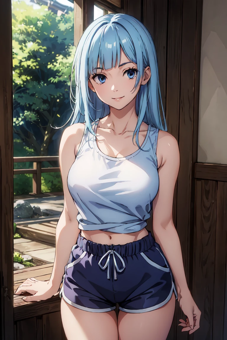 (extremely detailed CG unity 8k wallpaper),(masterpiece),(best quality),(ultra-detailed),(best illustration),(best shadow),(absurdres),  Kasumi, 1girl, solo, blue hair, long hair, blue eyes, smile, holding, bangs, blunt bangs, indoors, upper body, straight hair, tanktop, sleeveless, collarbone, bare shoulder, Standing in bedroom , large breasts, hands in lap, thick thighs, facing camera, looking at viewer, (wide hips), beautiful japanese garden background, dolfine shorts, dshorts, lips seperated, cleavege, athletic shorts, Extremely tight shorts,booth shorts