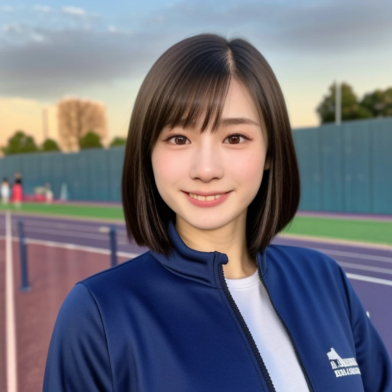 (kawaii 24 year-old Japanese girl, Nogizaka idol, Korean idol, track and field player), healthy female athlete body, glossy brown hair, (very short hair, bangs:1.2), beautiful black eyes, rounded face, single eyelid, (no makeup:1.2), (big laughing), (long sleeved track jacket:1.3), extra small breasts, BREAK, (track and field stadium background:1.2), (dynamic angle, bust shot:1.2), BREAK, (masterpiece, best quality, photo realistic, official art:1.4), (UHD, 8K quality wallpaper, high resolution, raw photo, golden ratio:1.3), (shiny skin), professional lighting, physically based rendering, award winning, (highly detailed skin texture, extremely detailed face and eyes textures), Carl Zeiss 85 mm F/1.4, depth of field, (1girl, solo),
