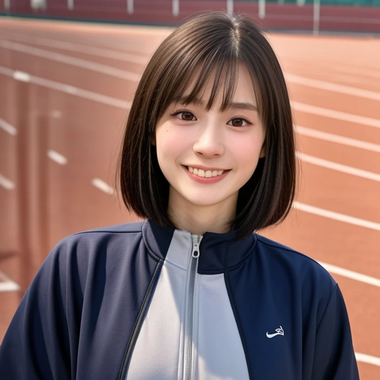 (kawaii 24 year-old Japanese girl, Nogizaka idol, Korean idol, track and field player), healthy female athlete body, glossy brown hair, (very short hair, bangs:1.2), beautiful black eyes, rounded face, single eyelid, (no makeup:1.2), (big laughing), (long sleeved track jacket:1.3), extra small breasts, BREAK, (track and field stadium background:1.2), (dynamic angle, bust shot:1.2), BREAK, (masterpiece, best quality, photo realistic, official art:1.4), (UHD, 8K quality wallpaper, high resolution, raw photo, golden ratio:1.3), (shiny skin), professional lighting, physically based rendering, award winning, (highly detailed skin texture, extremely detailed face and eyes textures), Carl Zeiss 85 mm F/1.4, depth of field, (1girl, solo),