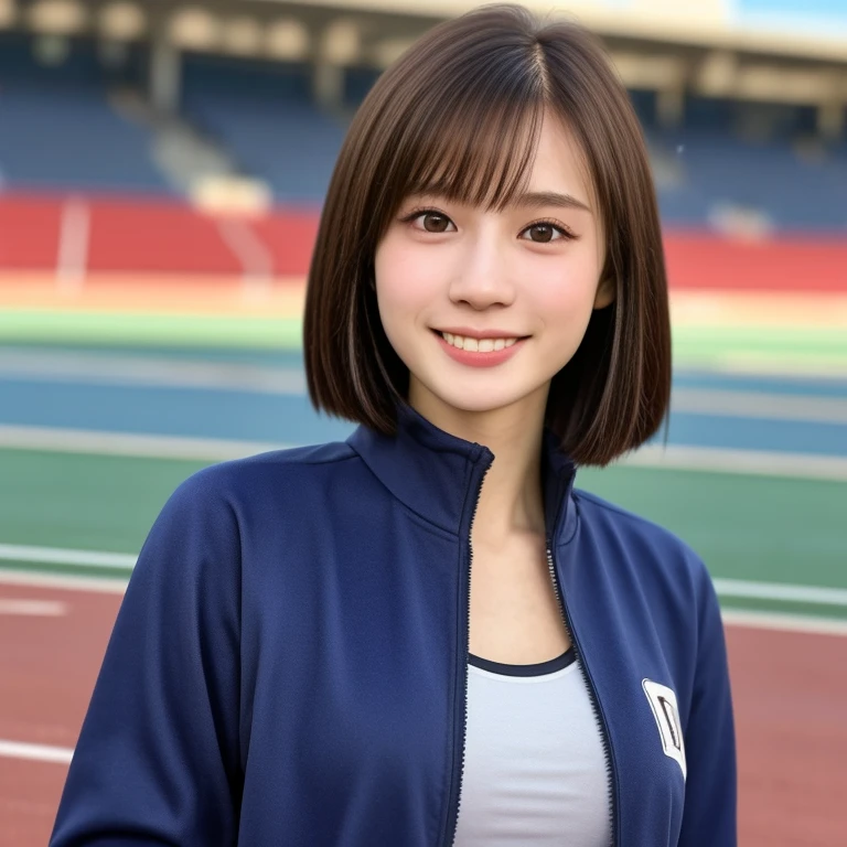 (kawaii 24 year-old Japanese girl, Nogizaka idol, Korean idol, track and field player), healthy female athlete body, glossy brown hair, (very short hair, bangs:1.2), beautiful black eyes, rounded face, single eyelid, (no makeup:1.2), (big laughing), (long sleeved track jacket:1.3), extra small breasts, BREAK, (track and field stadium background:1.2), (dynamic angle, bust shot:1.2), BREAK, (masterpiece, best quality, photo realistic, official art:1.4), (UHD, 8K quality wallpaper, high resolution, raw photo, golden ratio:1.3), (shiny skin), professional lighting, physically based rendering, award winning, (highly detailed skin texture, extremely detailed face and eyes textures), Carl Zeiss 85 mm F/1.4, depth of field, (1girl, solo),