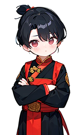 Three Kingdoms、Boy in ancient Chinese costume、Intelligent boy、Looking into the camera、There is a topknot on the head、Long sleeve、Hanfu、Black Hair、Standing and posing with arms crossed、part your bangs in the middle