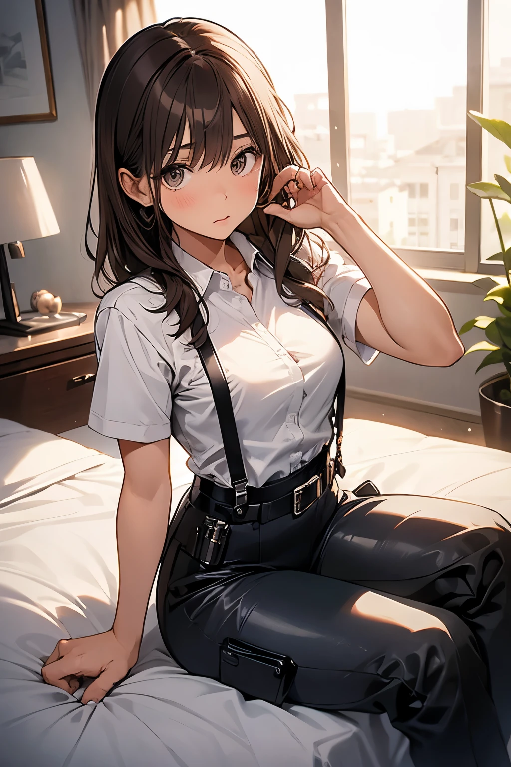 Brown Hair、Staring at the audience　　　Black suspenders　　　bulging big breasts　　 　 　　　wall: 　Black pantsuit　　　　　　sight　　　Small face　 　　　holster　　　Beautiful woman　　Show your hand　　 Lying in bed　　sight 　　Taunt　side　side汗 　arm　Dress shirt　Black Suit　belt