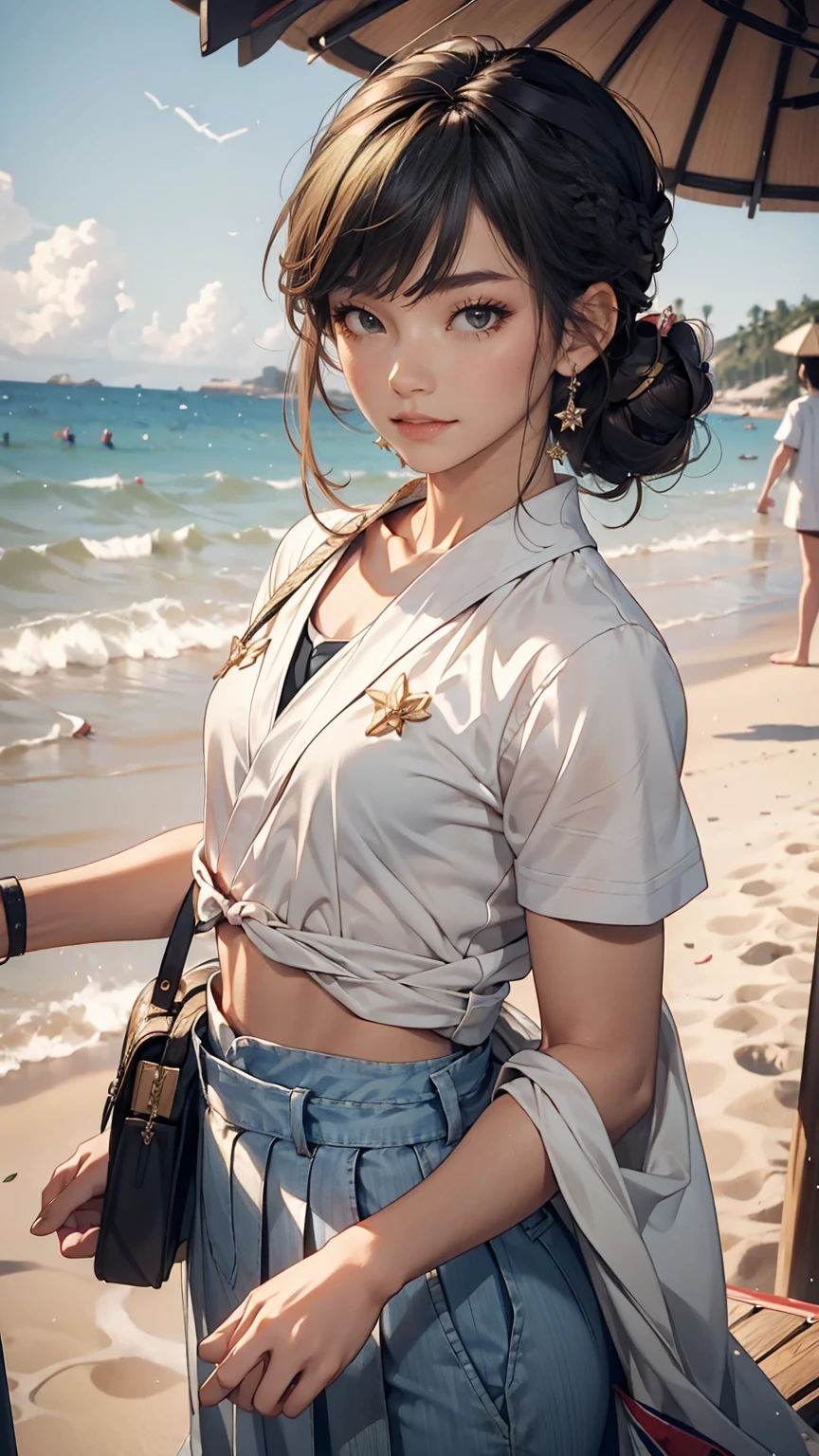 ((highest quality, 8k, masterpiece: 1.3)), One girl, Cute Japanese woman highlighting her slim abs: 1.3, (Random hairstyle, Standard chest: 1.2), uniform: 1.2, 1 Boy, Cute Japanese girl who emphasizes her slim abs: 1.4, (Random hairstyle, Standard chest: 1.2), uniform: 1.2, Beach, Highly detailed face, Fine grain, double eyelid