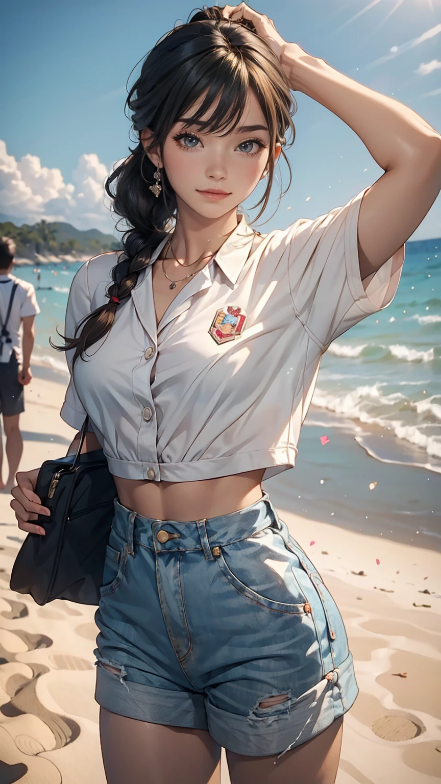 ((highest quality, 8k, masterpiece: 1.3)), One girl, Cute Japanese woman highlighting her slim abs: 1.3, (Random hairstyle, Standard chest: 1.2), uniform: 1.2, 1 Boy, Cute Japanese girl who emphasizes her slim abs: 1.4, (Random hairstyle, Standard chest: 1.2), uniform: 1.2, Beach, Highly detailed face, Fine grain, double eyelid
