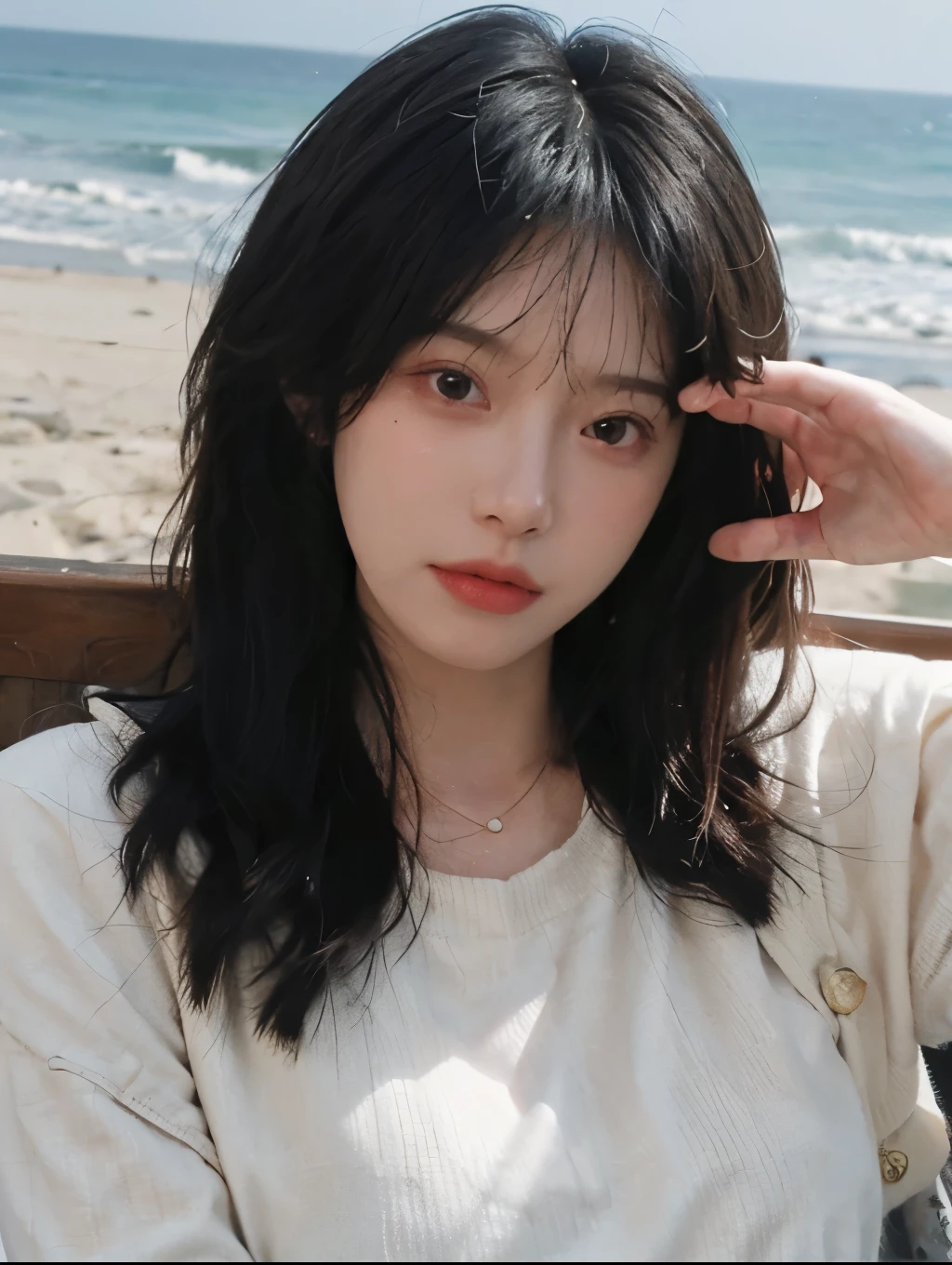 best qualtiy, Ultra-high resolution, (realisticlying:1.4),cute hairpin,1girll,with long coiled hair,Quartered sweater ,Blushlush,Beautiful woman with a slim figure:1.4, Pronounced abs,On the sandy beach,Ultra-fine face,Elaborate Eyes,double eyelid,choker necklace