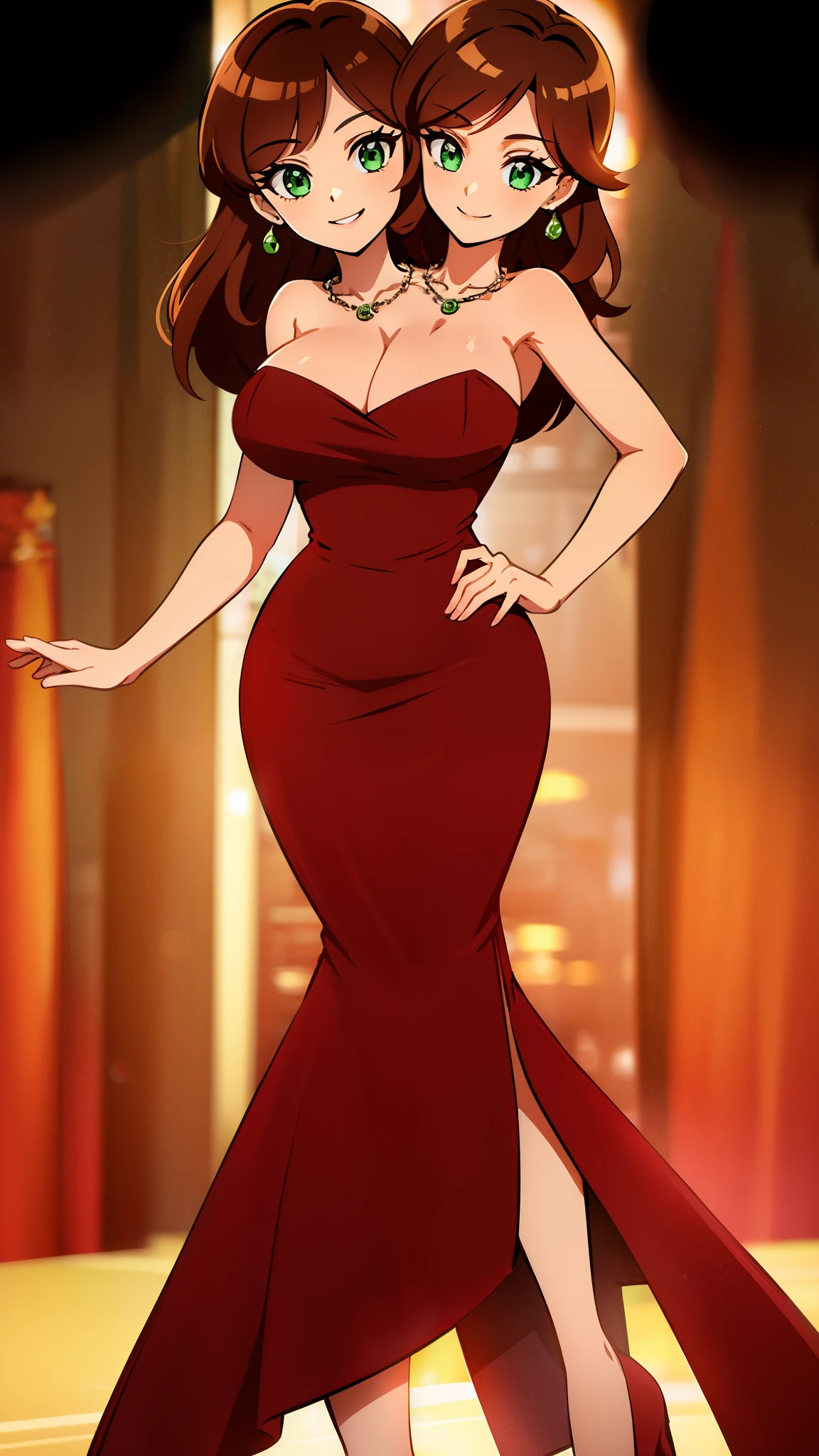 (16K), ((two headed woman)), smiling, highres, masterpiece, ((brown hair)), cleavage, (( red dress:1.5)), lustrous and smooth skin, (mature woman), seductive silhouette, casual dress, sexy proportions, Beautiful girl with accentuated slender abs, seductive woman, ((party background)), necklace, body con dress, strapless, sleeveless, green eyes, long hair, ((gala)), cowboy shots
