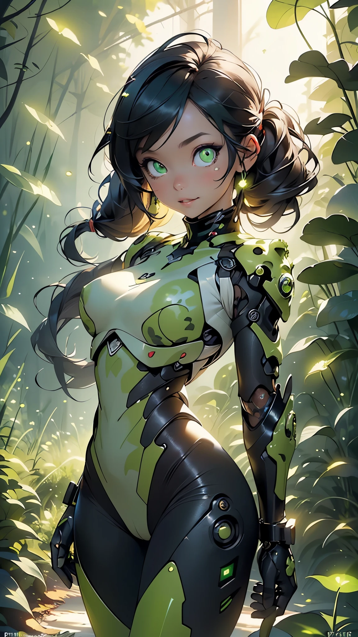 girl,1girl,

(large breasts:1.5),((((black hair, twin tail hair)))),(((Glowing_green_eyes:1.3))),intricate eyes,beautiful detailed eyes,symmetrical eyes,((((dark skin:1.5,lustrous skin:1.5,bright skin: 1.5,shiny skin,very shiny skin,shiny body)))),(spider lower abdomen,narrow waist,wide hip,athletic body,inflated legs,thick thighs),(((detailed face))),beautiful detailed lips,Highlighted feminine curves,athletic build,

cute,slutty,sensual,seductive look,seductive,((erotic)),opulent,sumptuous,(((nsfw))),

((Augmented cyborg, metallic exoskeleton, Chameleon motif, a girl fused with a chameleon)),'((fluorescent green skin)), ((Chameleon camouflage)),(blending into the landscape), ((A mirror exoskeleton)), (She's an assassin), ((her body looks transparent)),(((Transparent Body))), (((Predator Camouflage))),

(dynamic poses),looking at viewer,evil smile,centered,scale to fit dimensions,Rule of thirds,

((((many fireflies,fireflies,glowing fireflies,fireflies in the background)))),

outdoors,overgrown,(overgrown background,glowing crystals,bioluminescent plant),scenery,extremely scenery,(((glowing crystals,bioluminescent plants))),(puddles everywhere,moss,moss on the background),clouds,lily pads,palms,reeds,(sunset, golden hour),

(Glossy assassin  ornaments),highres,sharp focus,(ultra detailed,extremely detailed),(photorealistic artwork:1.37),(extremely detailed CG unity 8k wallpaper),(((vibrant colors,vibrant theme))),(intricate),(masterpiece),(best quality),artistic photography,(photography taken by sldr),(intricate background),perfect rendered face,perfect face details,realistic face,photo realistic,((intricate detail)),(((realism))),