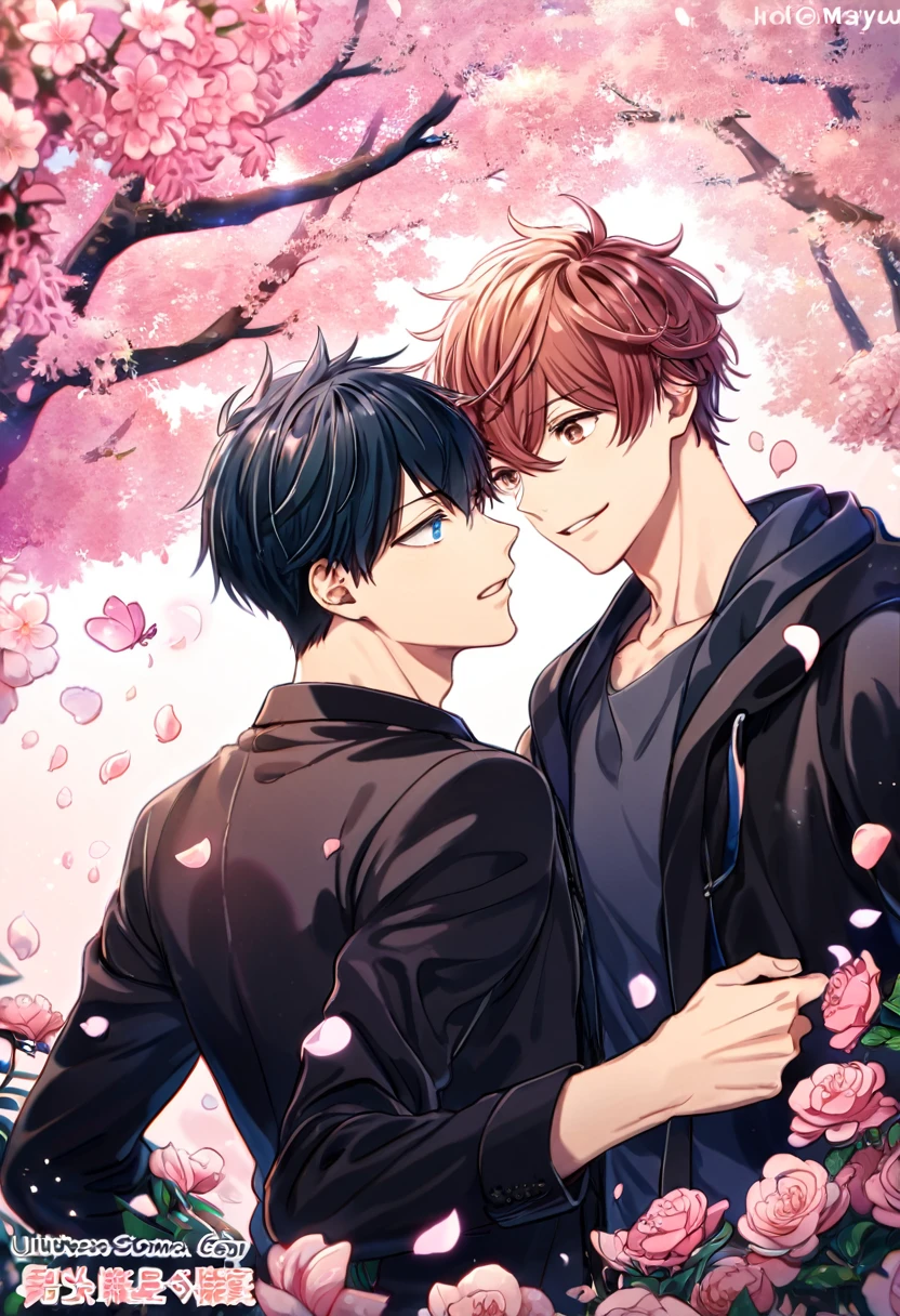 absurdres, highres, ultra detailed, HDR, master piece, best quality, Uenoyama Ritsuka, black hair, expressive blue eyes, Given, Sato Mafuyu, pink-brown hair, expressive brown eyes, two men together, gay couple, yaoi, handsome, black jacket, black shirt, black pants, trees, pink butterflies, petals, pink flowers, magical, fantasy, glittering, pink background