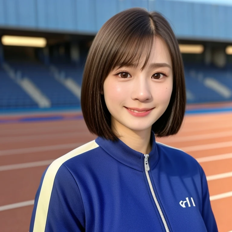 (kawaii 24 year-old Japanese girl, Nogizaka idol, Korean idol, track and field player), healthy female athlete body, glossy brown hair, (very short hair, bangs:1.2), beautiful black eyes, rounded face, single eyelid, (no makeup:1.2), (big laughing), (long sleeved track jacket:1.3), extra small breasts, BREAK, (track and field stadium  background:1.2), (dynamic angle, bust shot:1.2), BREAK, (masterpiece, best quality, photo realistic, official art:1.4), (UHD, 8K quality wallpaper, high resolution, raw photo, golden ratio:1.3), (shiny skin), professional lighting, physically based rendering, award winning, (highly detailed skin texture, extremely detailed face and eyes textures), Carl Zeiss 85 mm F/1.4, depth of field, (1girl, solo),