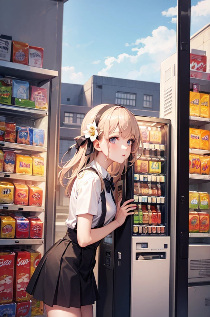 (masterpiece, best quality, ultra-detailed), 1girl, HtrShdr-KJ, black skirt, hair ornament, bow, shirt, suspender skirt, hair ribbon, high-waist skirt, hair flower, hairband, vending machine, leaning leaning forward, from side