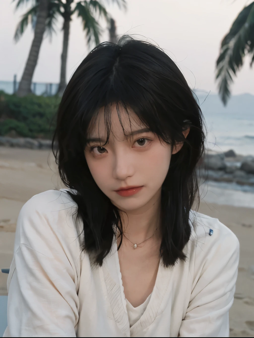 best qualtiy， Ultra-high resolution， （realisticlying：1.4），cute hairpin，1girll，with long coiled hair,Quartered sweater ，Blushlush，Beautiful woman with a slim figure:1.4, Pronounced abs，On the sandy beach,Ultra-fine face，Elaborate Eyes，double eyelid，choker necklace