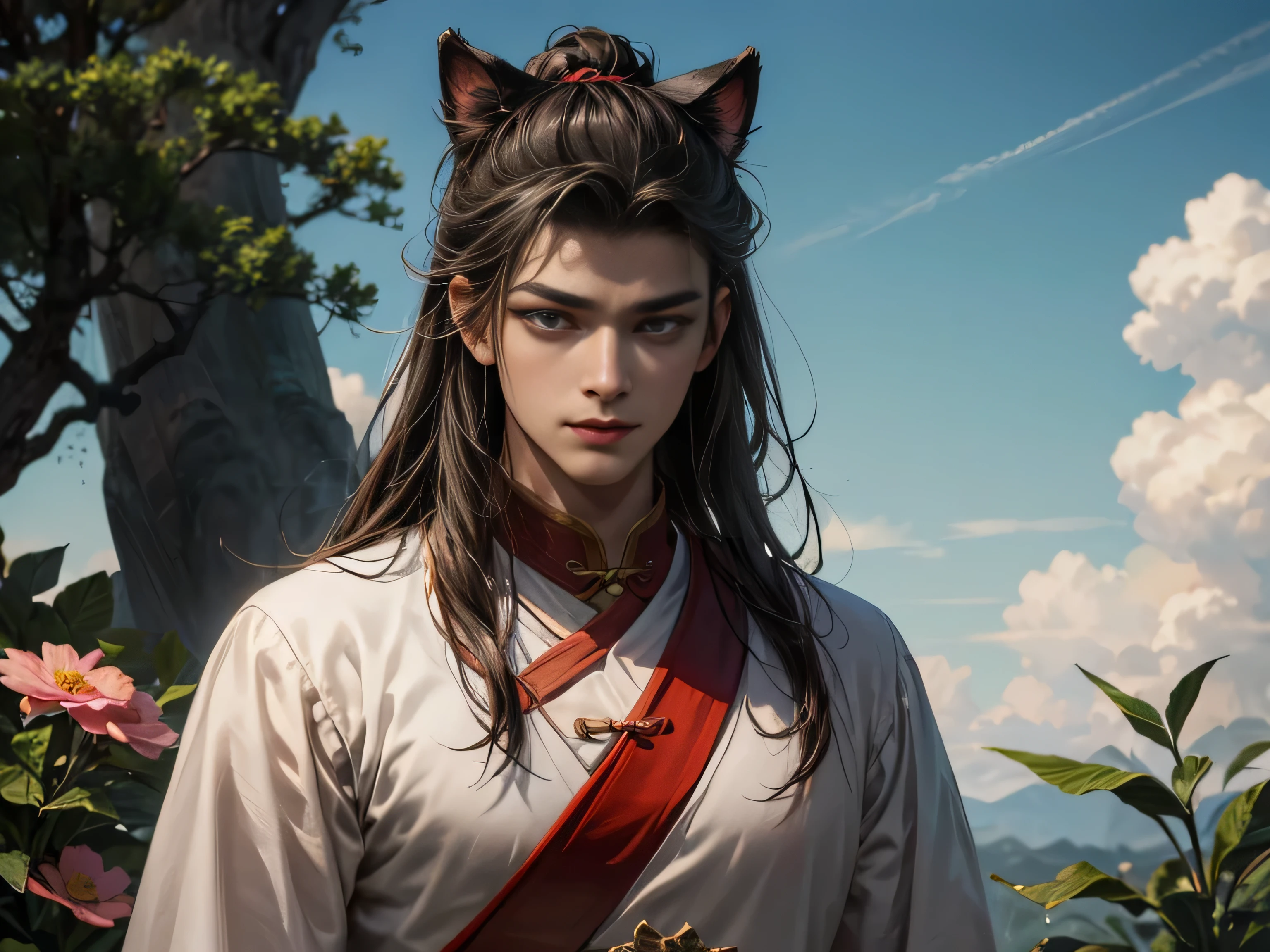(Best Quality, 8K, Masterpiece, HDR, Soft Lighting, Picture Perfect, Realistic, Vivid), Garden with blue and pink flowers, a handsome man with cat ears is lying on the grass playing a game of go, arafed image of a man playing a game of go, inspired by Ma Shi, inspired by Ma Lin, inspired by Cao Zhibai, inspired by Wu Daozi, inspired by Hu Zaobin, inspired by Gu An, inspired by Xuande Emperor, inspired by Zhao Mengfu, inspired by Zhang Wo, game illustration, he has a beautiful blue eye color and a kind smile , black hair, he has a naked torso with a perfect body, his clothes are Tang Dynasty style, man, cute man, blue eyes, smile (ultra high quality fantasy art, majestic fantasy style), masterpiece, ultra high quality male character design, anime art in 8k resolution, realistic anime art, highest quality wallpaper illustration, detailed ultra high quality accurate male character face, high quality design and accurate physics, male character) (ultra high quality fantasy art, dark fantasy style), masterpiece, ultra high quality characters, anime with -8k resolution, realistic anime art, highest quality wallpaper illustration, ultra high facial detail, high quality design and accurate physics), color difference, depth of field, dramatic shadows, ray tracing, high quality and detailed computer wallpapers in 8K resolution. (Accurate simulation of the interaction of light and material)], [Visual art that conveys the meaning of history]