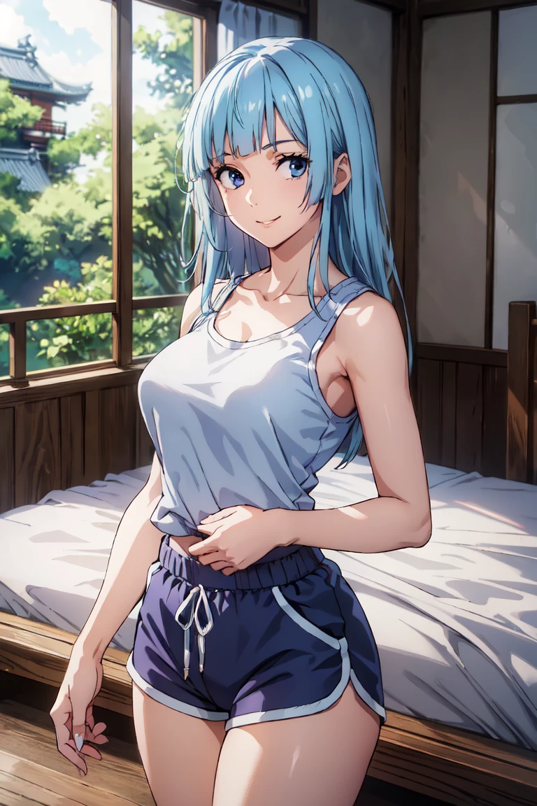 Milf, woman, light blue hair, yellow eyes, house, couch , "Shirt with Blue" mini shorts., "Sport shirt, tank top " "Long hair", room, Posture on all fours sexy posture. Riding man, Sitting, Ahegao, smiling, necklace, chain on the necklace. Facing the camera. petting, Mischievous smile.