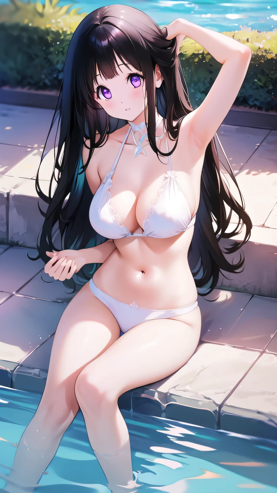 Beautiful Chitanda，There is only one beautiful girl，Purple Eyes, Black Hair, Natural straight hair, Straight bangs，Extremely refined，open your lips，Face is so red，Very white skin，Skin as delicate as porcelain，Glowing skin，big eyes，Flowing long hair，beautiful girl, Like a dream，Slim，Slim waist，Soft, (Sensual), (Kawaii), Dream quality，Sitting by the swimming pool，Many passers-by，White bikini，The body is soaked，Side body，very close，Deep V neckline，Loose neckline，Beautiful big breasts，No pants，Delicate clavicle，Delicate hands and feet，Raise your hands，Showing armpits，Bare neck，There is no decoration on the neck，Bare thighs，Exposing the groin，Camel toe，extremely shy，Ultra-high resolution, (masterpiece:1.2, best quality), (Delicate and beautiful eyes: 1.2), (Beautiful and delicate face)
