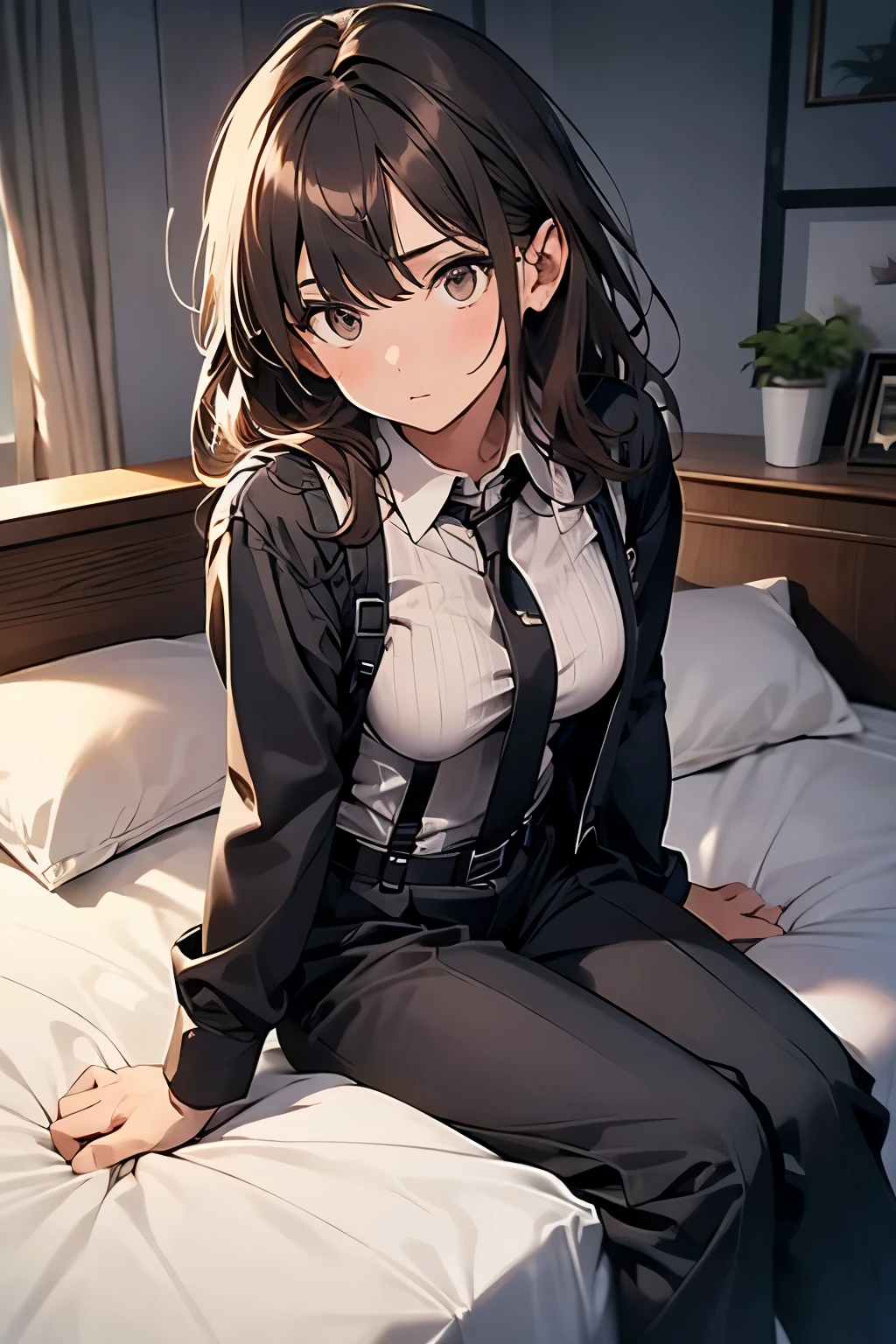 Brown Hair、Staring at the audience Black suspenders bulging big breasts wall: Black pantsuit sight Small face holster Beautiful woman Show your hand Lying in bed sight Taunt side side汗 arm Dress shirt Black Suit belt