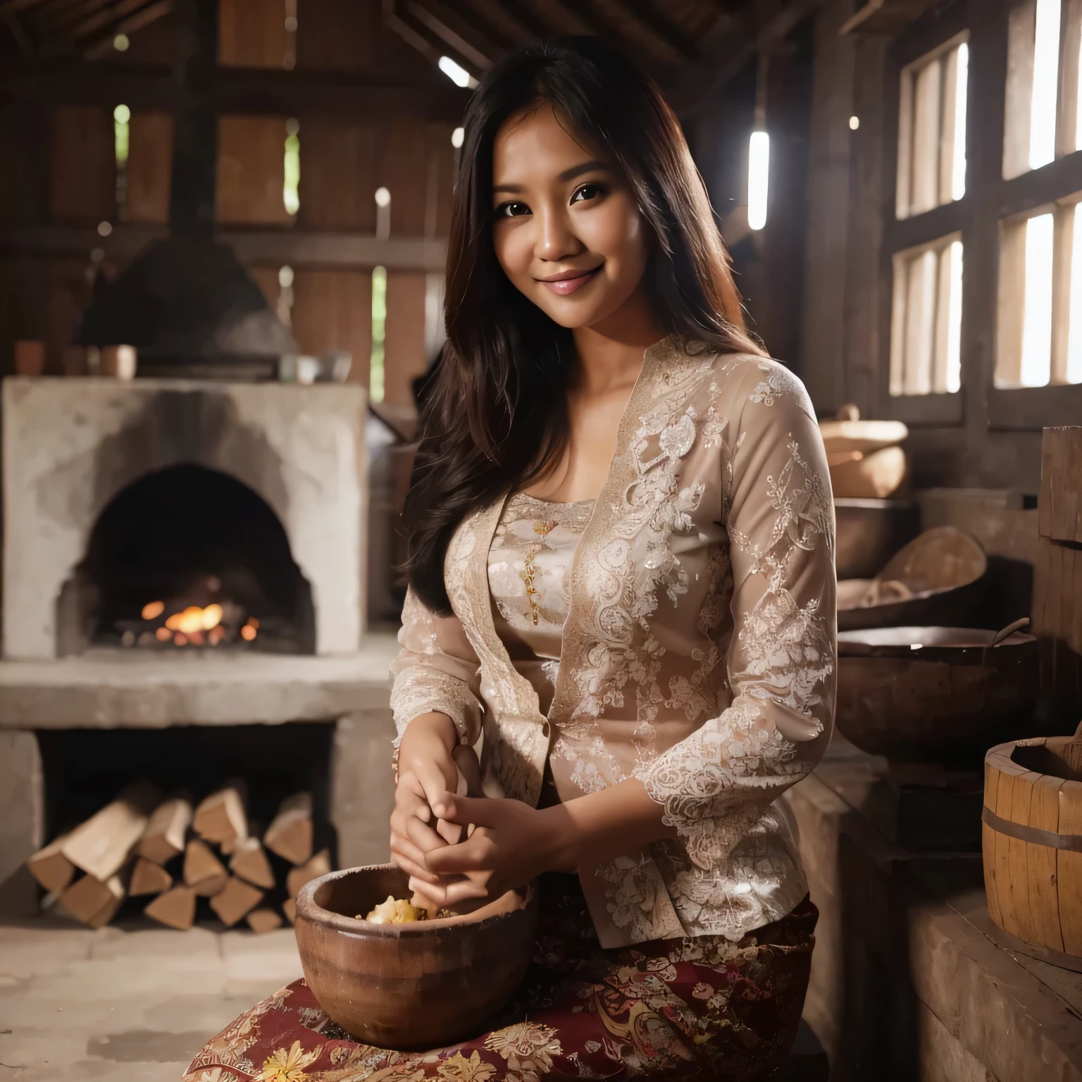 Indonesian women, medium fat body, sweet smile, realistic, HDR