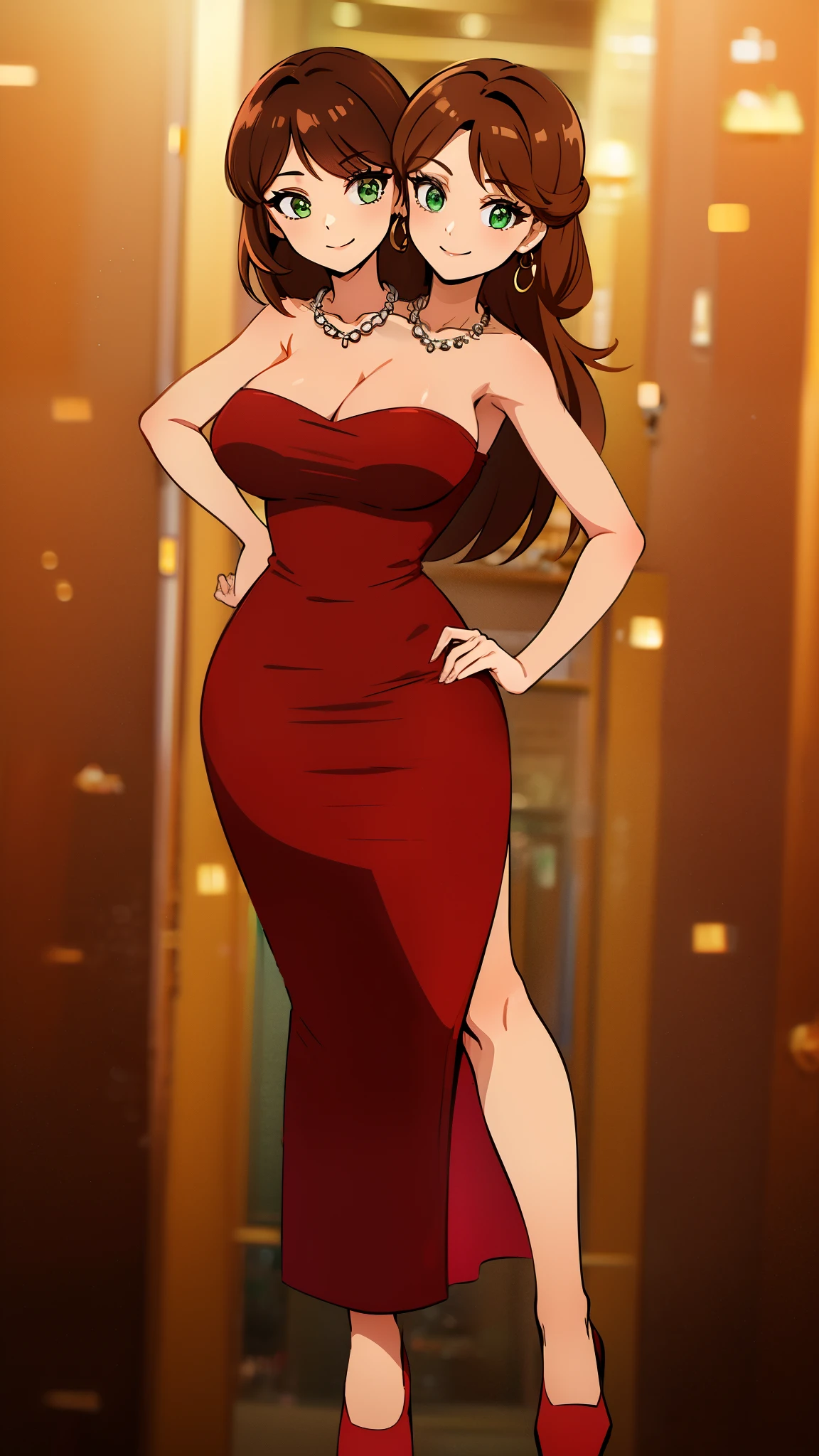 (16K), ((two headed woman)), smiling, highres, masterpiece, ((brown hair)), cleavage, (( red dress:1.5)), lustrous and smooth skin, (mature woman), seductive silhouette, casual dress, sexy proportions, Beautiful girl with accentuated slender abs, seductive woman, ((party background)), necklace, body con dress, strapless, sleeveless, green eyes, long hair, ((gala)), cowboy shots 