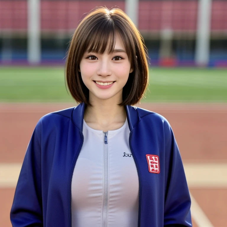 (kawaii 24 year-old Japanese girl, Nogizaka idol, Korean idol, track and field player), healthy female athlete body, glossy brown hair, (very short hair, bangs:1.2), beautiful black eyes, rounded face, single eyelid, (no makeup:1.2), (big laughing), (long sleeved track jacket:1.3), extra small breasts, BREAK, (track and field stadium background:1.2), (dynamic angle, bust shot:1.2), BREAK, (masterpiece, best quality, photo realistic, official art:1.4), (UHD, 8K quality wallpaper, high resolution, raw photo, golden ratio:1.3), (shiny skin), professional lighting, physically based rendering, award winning, (highly detailed skin texture, extremely detailed face and eyes textures), Carl Zeiss 85 mm F/1.4, depth of field, (1girl, solo),