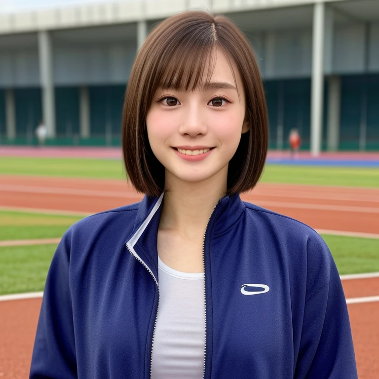 (kawaii 24 year-old Japanese girl, Nogizaka idol, Korean idol, track and field player), healthy female athlete body, glossy brown hair, (very short hair, bangs:1.2), beautiful black eyes, rounded face, single eyelid, (no makeup:1.2), (big laughing), (long sleeved track jacket:1.3), extra small breasts, BREAK, (track and field stadium background:1.2), (dynamic angle, bust shot:1.2), BREAK, (masterpiece, best quality, photo realistic, official art:1.4), (UHD, 8K quality wallpaper, high resolution, raw photo, golden ratio:1.3), (shiny skin), professional lighting, physically based rendering, award winning, (highly detailed skin texture, extremely detailed face and eyes textures), Carl Zeiss 85 mm F/1.4, depth of field, (1girl, solo),