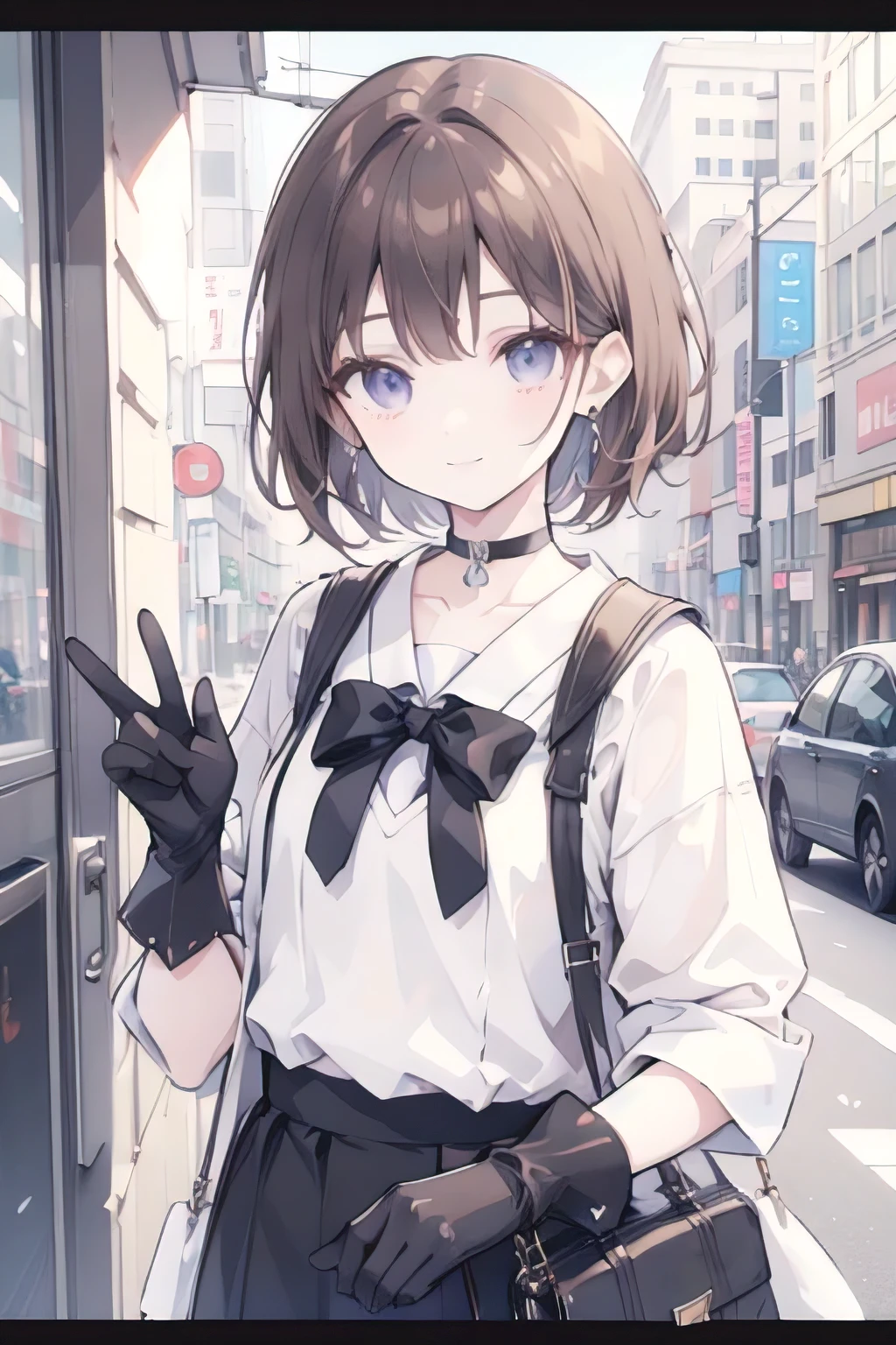2girls， anime_coloring, black_eyes, black_gloves, brown_hair, choker, earrings, gloves, jewelry, letterboxed, parody, short_hair, smile, solo, style_parody,  