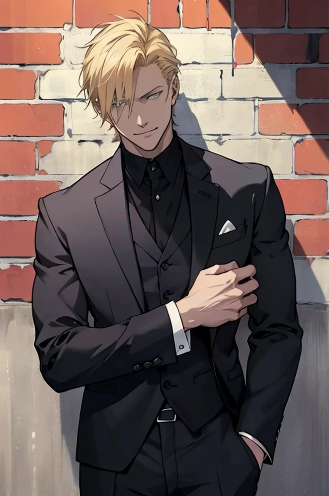 An exquisite cinematic still of Johan Liebert, the intriguing anime character from the monster-themed manga, showcases his distinctive blonde hair in the old manta animation style. Johan, dressed in a sleek suit, leans casually against a brick wall, passing a mysterious smile. The background is left blank, focusing all attention on the enigmatic persona radiating from Johan's expression, making this masterpiece a 1.2 high resolution, 4k, 8K worthy image.