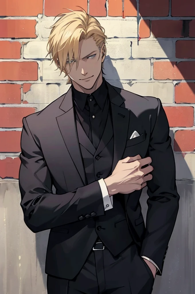 An exquisite cinematic still of Johan Liebert, the intriguing anime character from the monster-themed manga, showcases his distinctive blonde hair in the old manta animation style. Johan, dressed in a sleek suit, leans casually against a brick wall, passing a mysterious smile. The background is left blank, focusing all attention on the enigmatic persona radiating from Johan's expression, making this masterpiece a 1.2 high resolution, 4k, 8K worthy image.