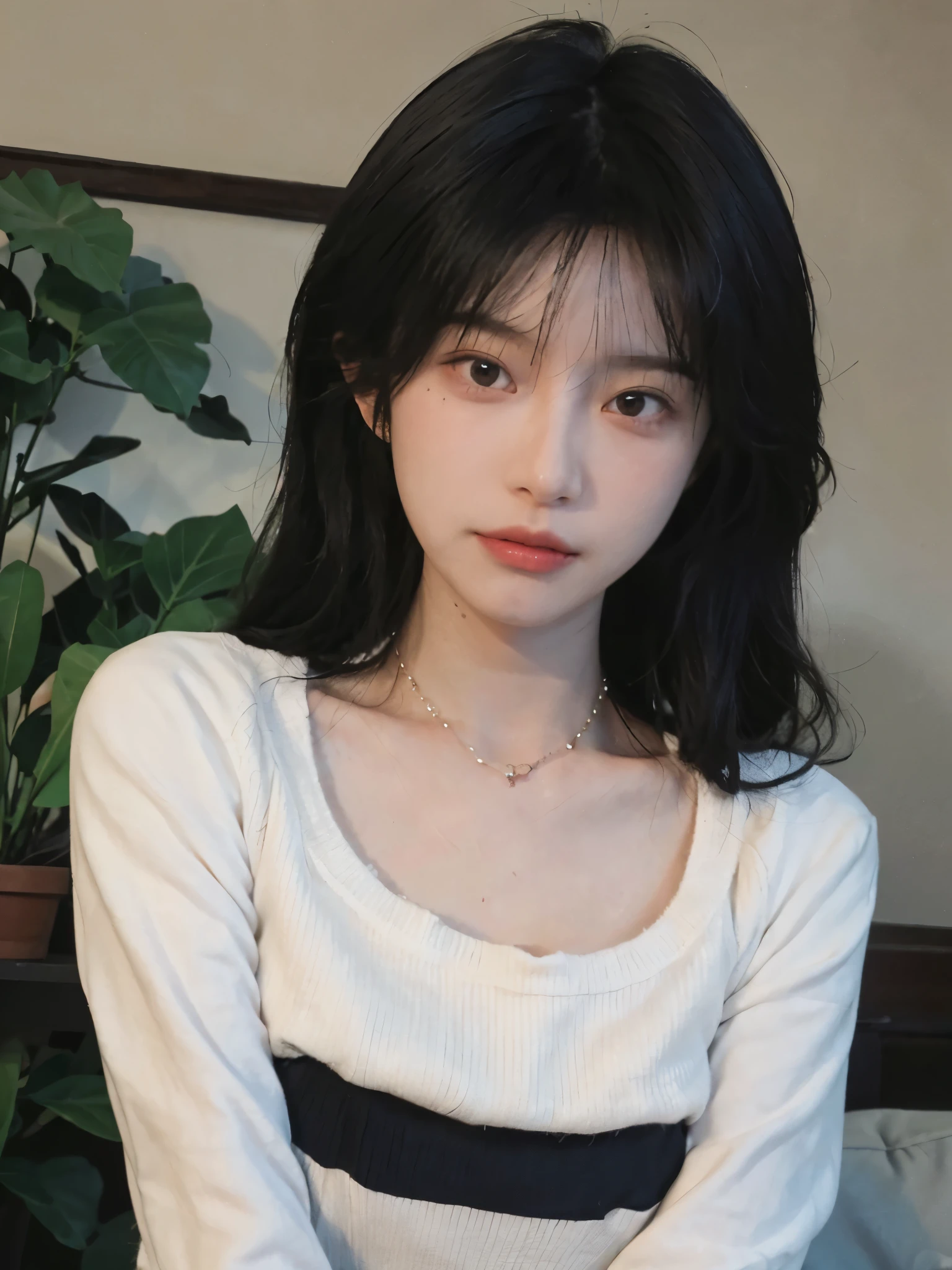 best qualtiy， Ultra-high resolution， （realisticlying：1.4），cute hairpin，1girll，with long coiled hair,Quartered sweater ，Blushlush，Beautiful woman with a slim figure:1.4, Pronounced abs，On the sandy beach,Ultra-fine face，Elaborate Eyes，double eyelid，choker necklace